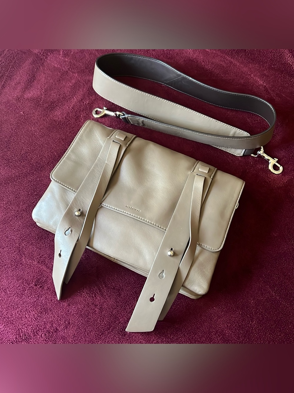 AllSaints Two Tone Taupe Gray Fin Lea Lamp Leather Box Messenger Shoulder Bag
